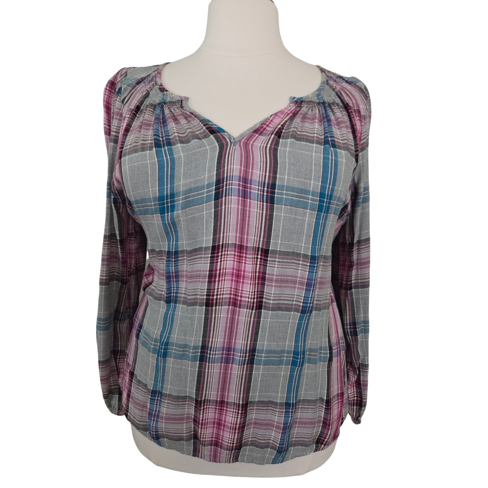 Lane Bryant Womens Size 16 Plaid Split V-Neck Rayon Blouse Grey Pink Blue 5225